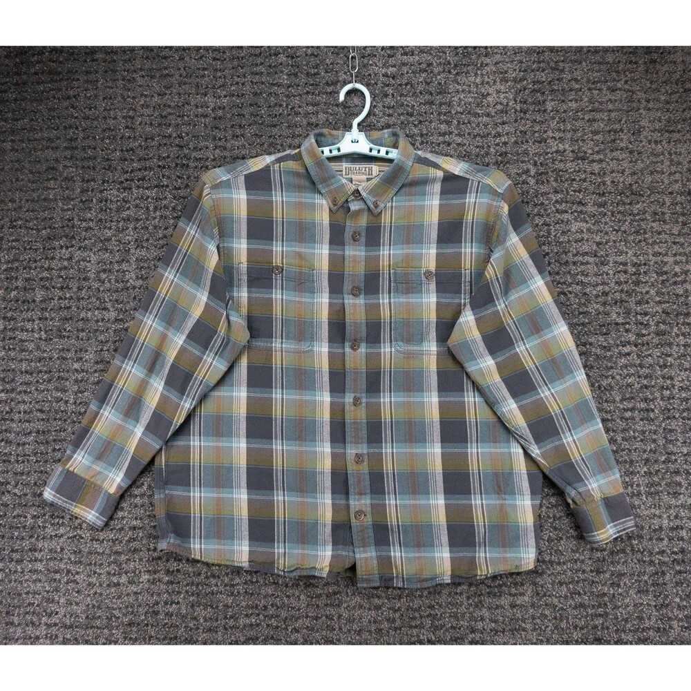 Duluth Trading Shirt Mens XL Relaxed Fit Blue Green Gray Plaid Flannel Untucked